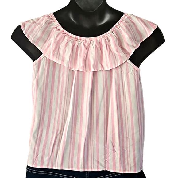 NWOT SO Girls Pink & White Striped Sleeveless Ruffle Neckline Top Size 14/16 - Picture 3 of 5